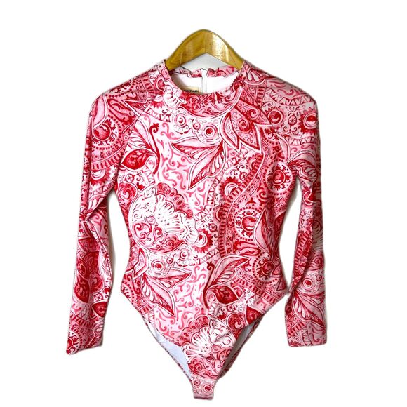 Mara Hoffman Reese NWT Pink Red Paisley Rashguard One Piece Swimsuit Size M - Picture 4 of 15